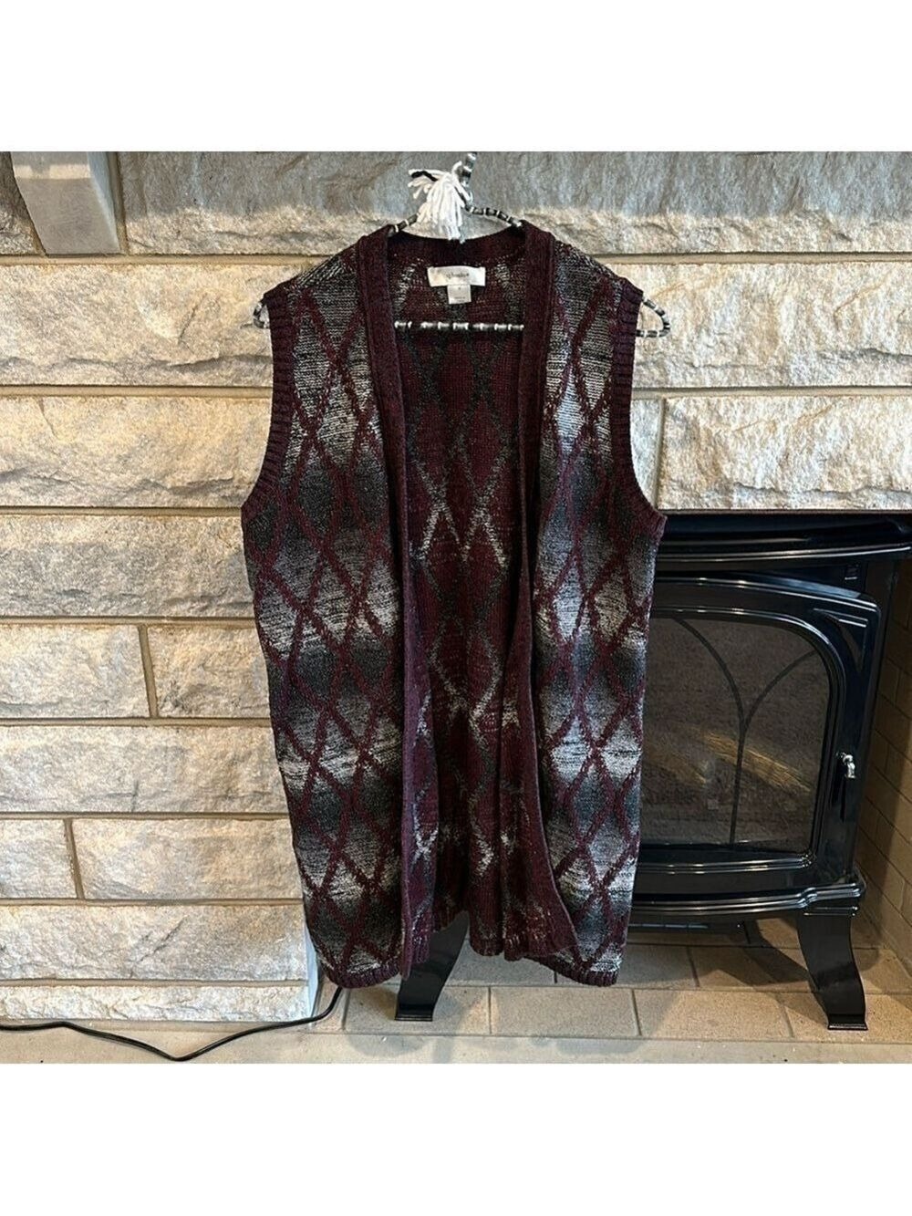 CJ Banks long cardigan sweater vest burgundy gray black size X
